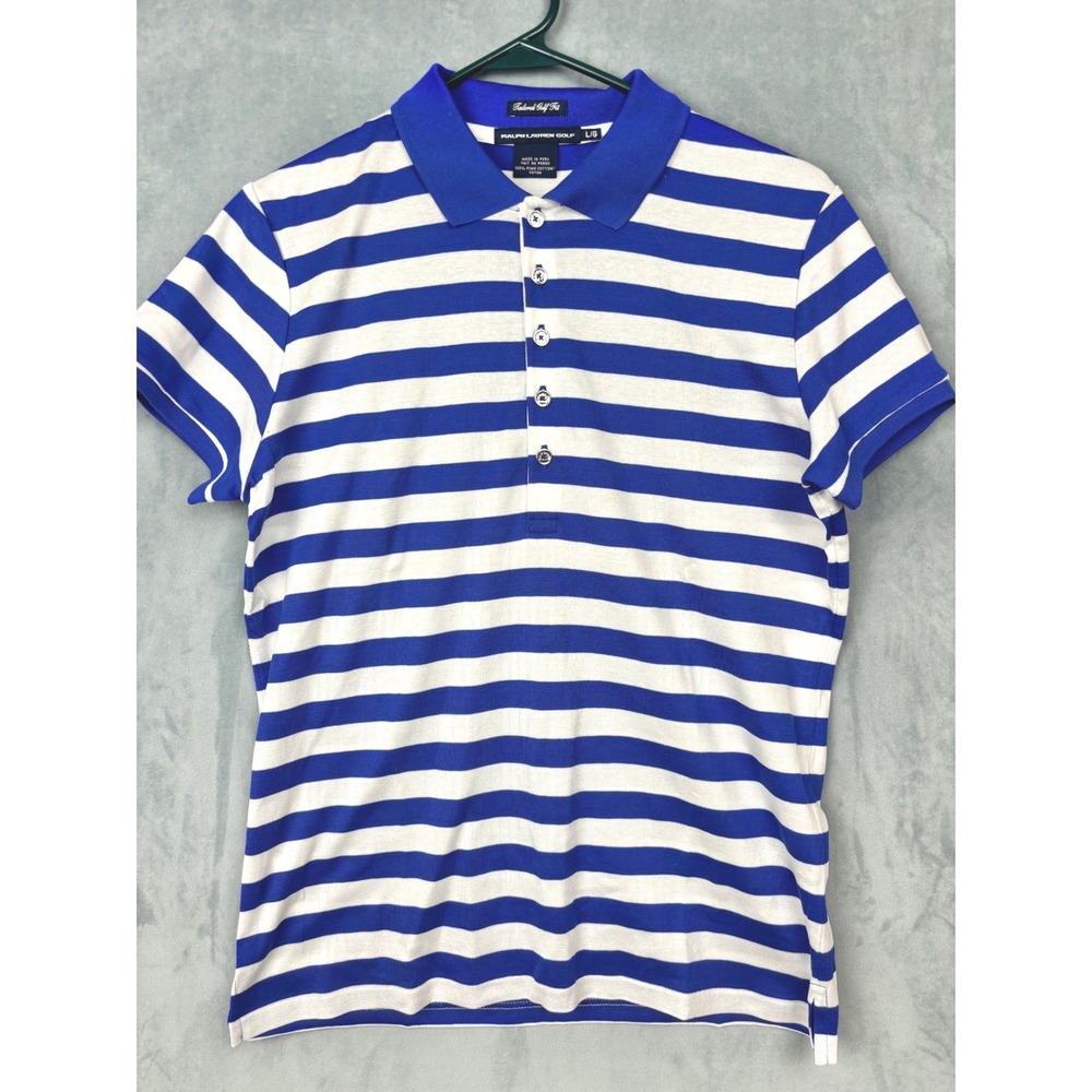 Ralph Lauren Golf Polo Shirt Blue White Striped Pima Cotton Tailored Fit Large